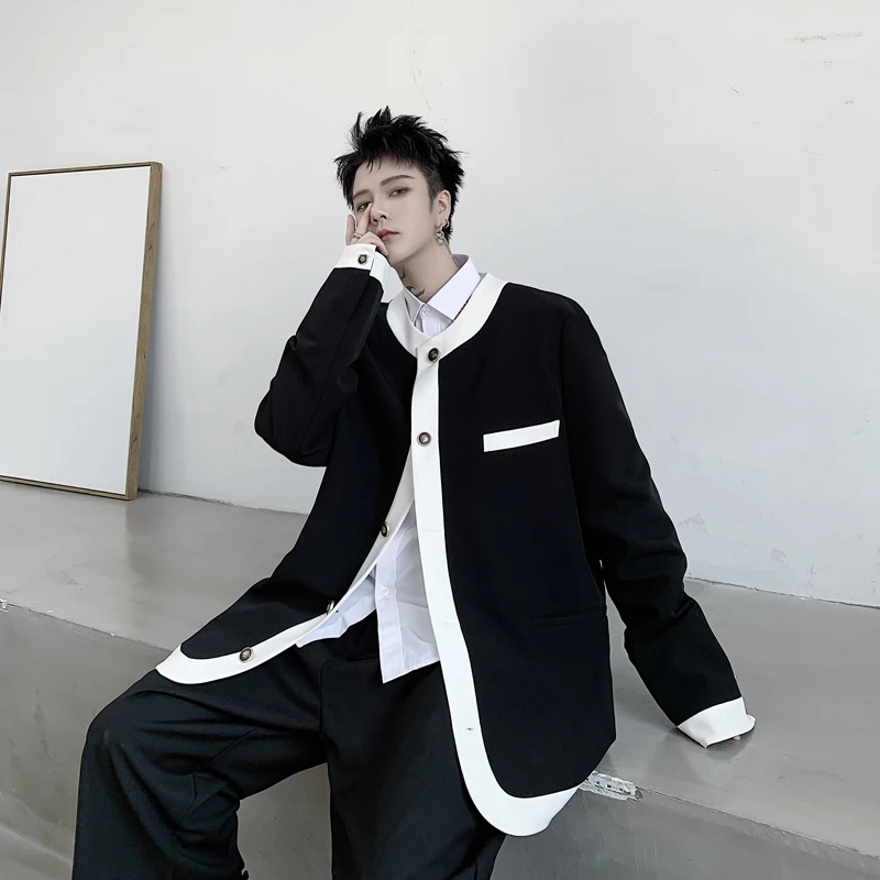 Male Black White Blazer Coat Outerwear Spring Autumn Men Vintage