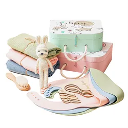 Newborn Baby Crochet Bunny Bathing Set Cotton Towel Wool Bath Brush Wooden Hanger Food Grade Silicone Bib Kids Birthday Gift