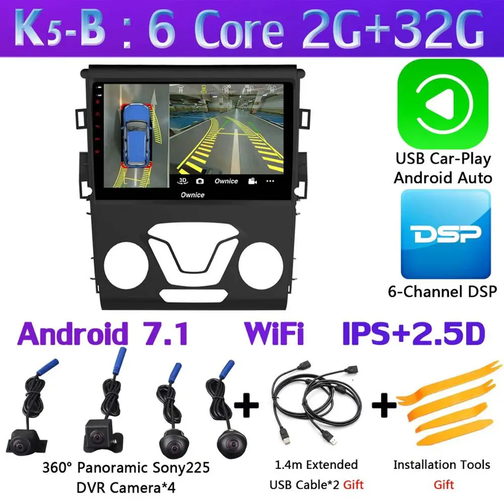 K5-B-CarPlay 360 ° панорамная камера 4G LTE Android 9,0 8Core 4G+ 64G gps радио SPDIF DSP CarPlay автомобильный мультимедийный плеер для Ford Mondeo 2013 - Цвет: K5-B-CarPlay