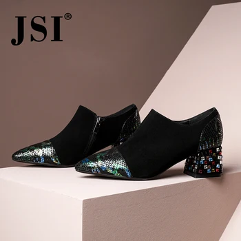 

JSI Fashion Women Pumps Patchwork Pointed Toe Square Heel Med Crystal Bling Decoration Zip Shoes Cow Suede Elegant Pumps JO437