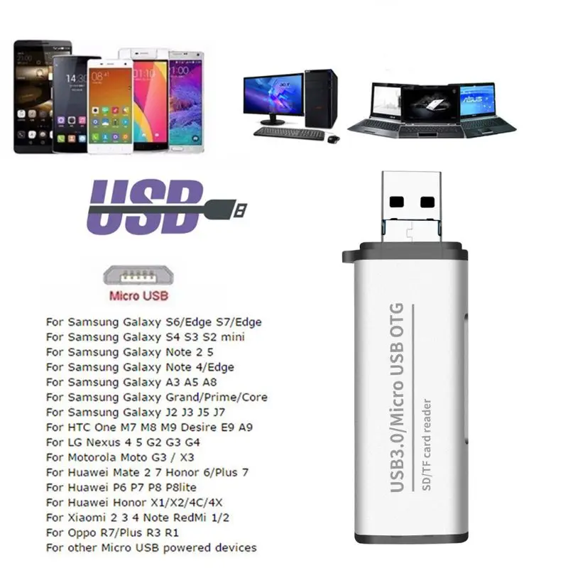 Металлический 2в1 USB3.0/Micro USB для SD/Micro SD карт памяти Micro USB OTG адаптер для MacBook samsung huawei Xiaomi ПК ноутбука