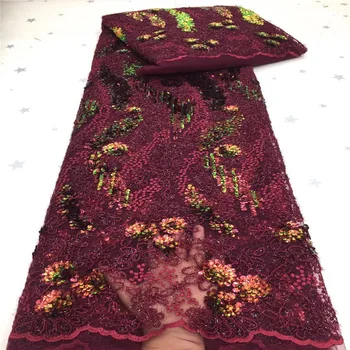 

High Quality African Sequins 3d flower red Lace Fabric French Net Embroidery Tulle Lace Fabric For Nigerian Wedding Party Dress