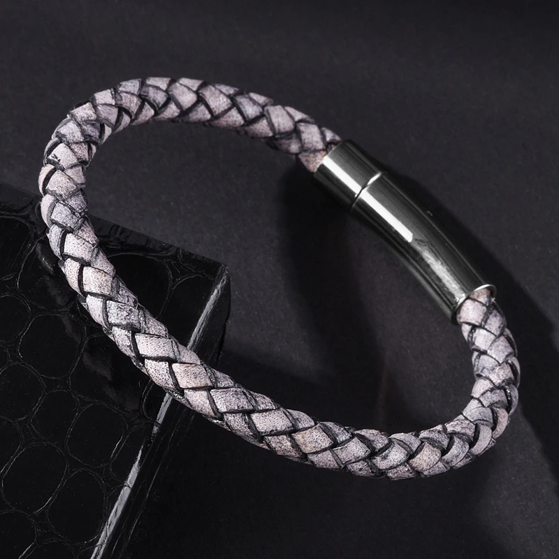 Fashion Bangle Men Charm Bracelets Gray Genuine Leather Rope Mixed Braided Bracelet Simple Style Punk Woman Classic Jewelry 602