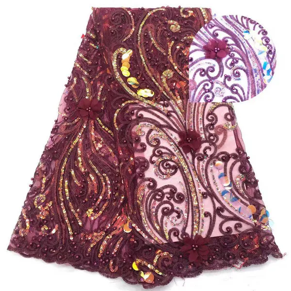 Винно-Африканская кружевная ткань 2019 3D цветы бусины тюль высокое качество