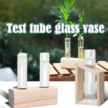 

Hot Sale Crystal Glass Test Tube Vase in Wooden Stand Flower Pots for Hydroponic Plants Home Garden Decoration