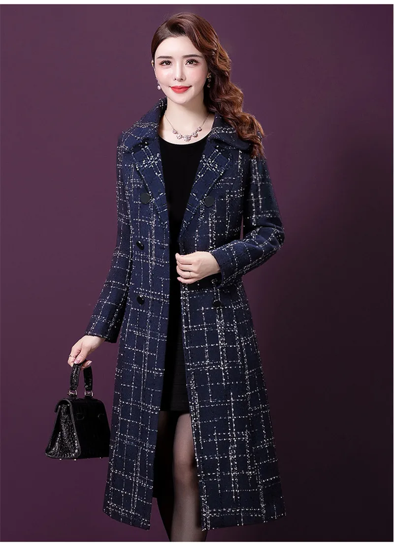 Длинное пальто размера плюс Женское зимнее шерстяное пальто клетчатое элегантное модное винтажное корейское кашемировое пальто