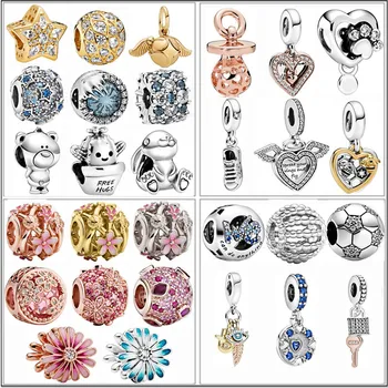 

Silver Color Heart-shaped flowers Feather Rabbit Glitter Beads Pendant Series Fit Original Pandora Bracelets Women DIY Jewellery