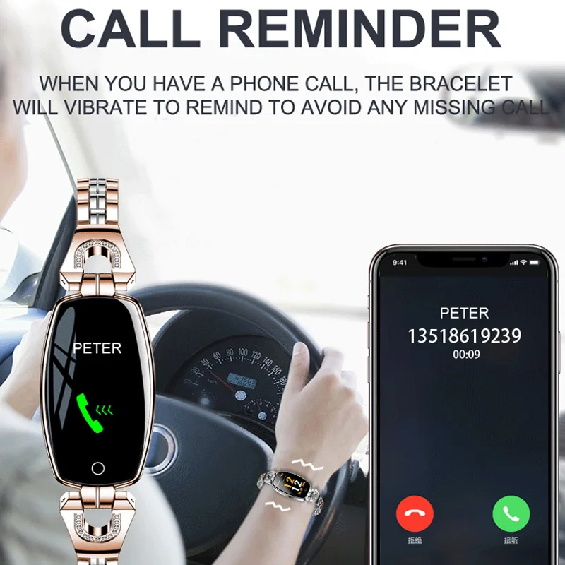 Online Reloj inteligente H8 para mujer, reloj de presión arterial, Monitor de ritmo cardíaco, pulsera inteligente IP67, reloj inteligente a prueba de agua