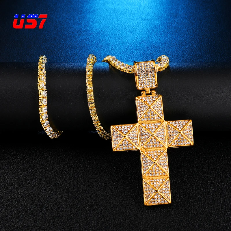 US7 Bling Micro Pave полный кулон крест со стразами и ожерелья из нержавеющей стали для мужчин хип хоп ювелирные изделия