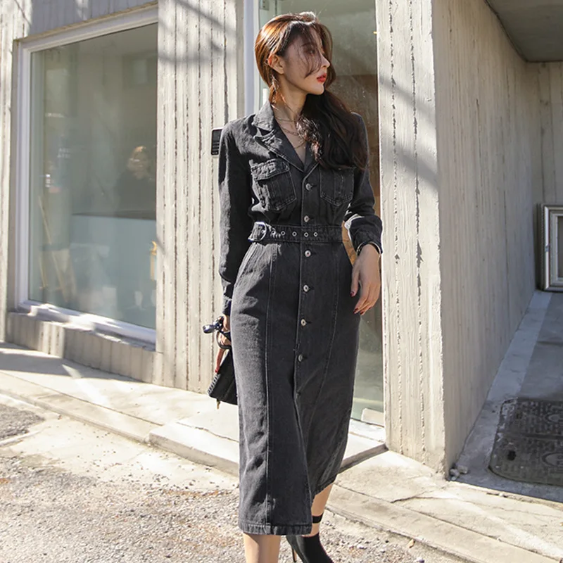 

2020 Spring New Style WOMEN'S Dress Korean-style Fashion Fashion Slim Fit Elegant Solid Color Cowboy Long Sleeve Korean-Style Dr