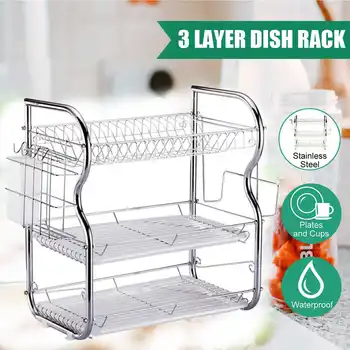 

2/3 Tiers Multifunctional Dish+Soap Sponge Dish boxDrainer Cutlery Cup Drying Holder Rack Stainless Steel Drainer Tray Kitchen