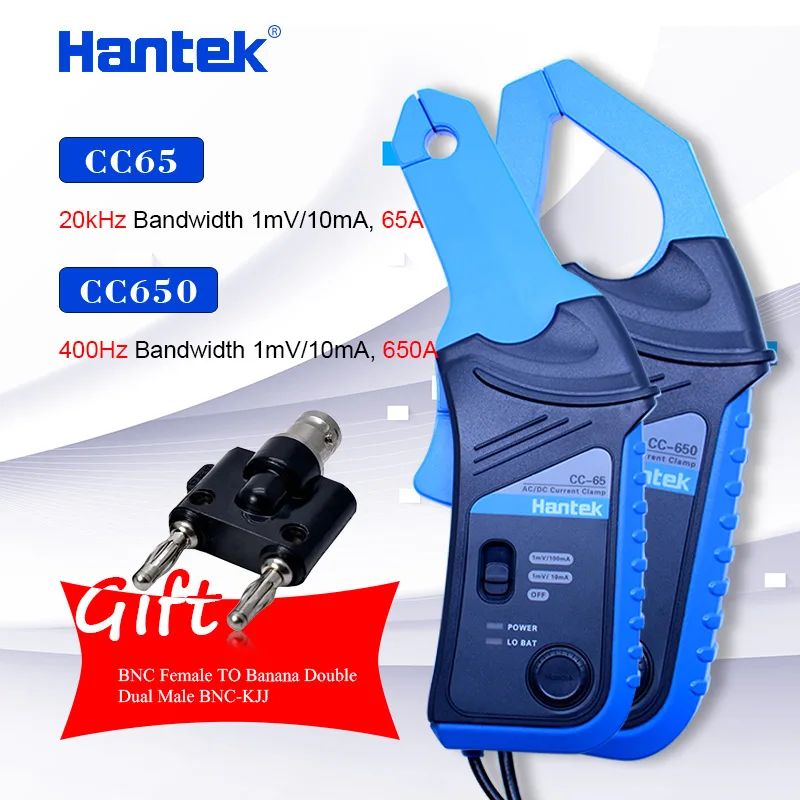 

Hantek AC/DC Current Clamp for oscilloscope CC-65 CC-650 20KHz/400Hz Bandwidth 1mV/10mA 65A/650A +BNC Female to Banana jack