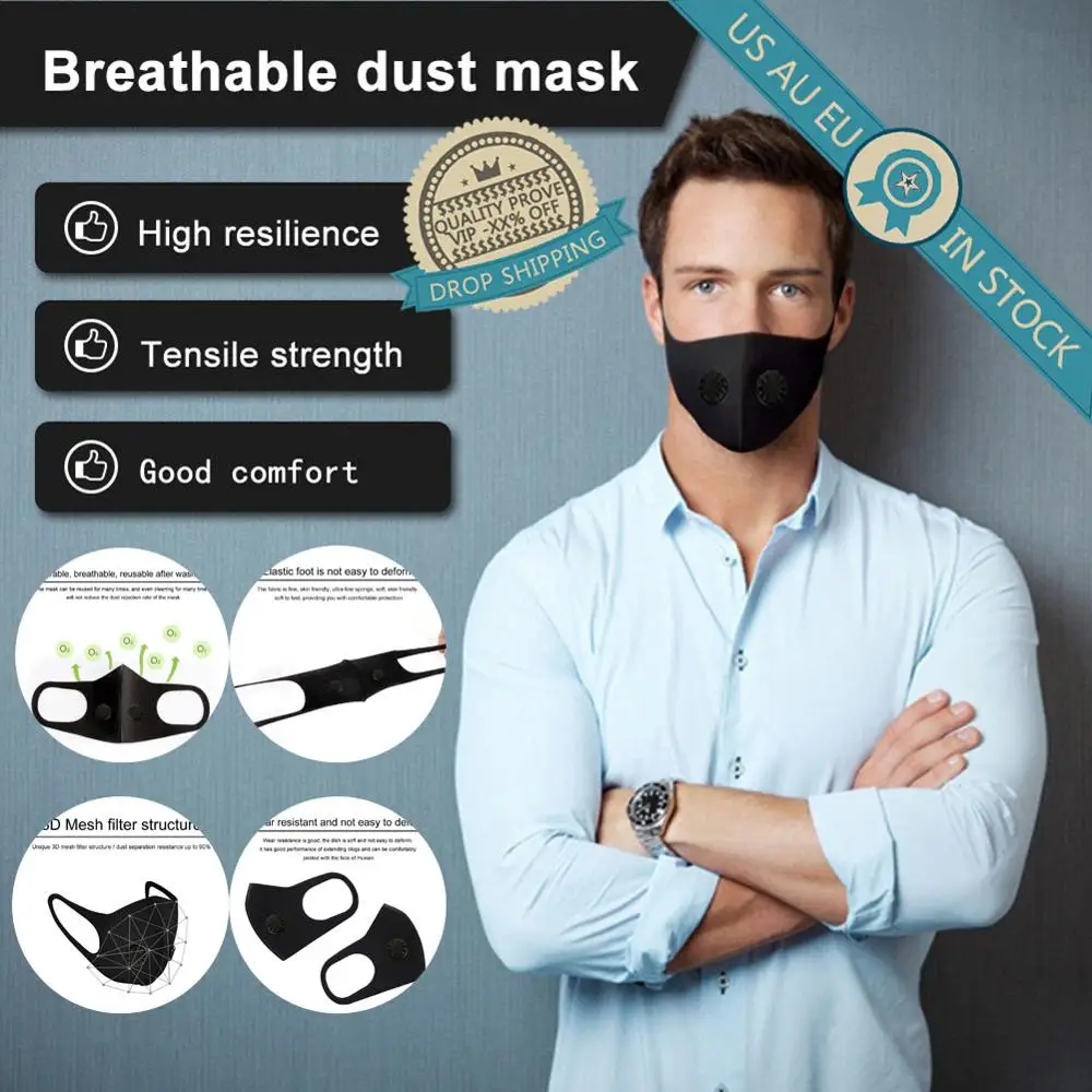 

In Stock Air Purifying Valve Face Masks PM2.5 Reusable Mouth Mask Washable Dust Proof Black Face Mask Sponge Breathable Soft