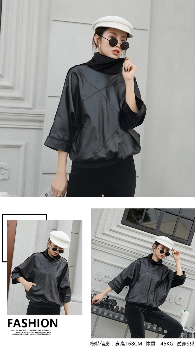 Genuine Leather Sweatshirts Casual Turtleneck Drop Shoulder Flare Sleeve Sheepskin Tops Women Autumn Winter Highstreet Outwear