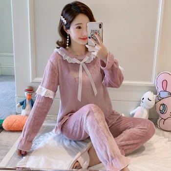 

2020 Winter Long Sleeve Thick Warm Flannel Pajama Sets for Women Coral Velvet Cute Lace Sleepwear Homewear Pijama Mujer Clothes