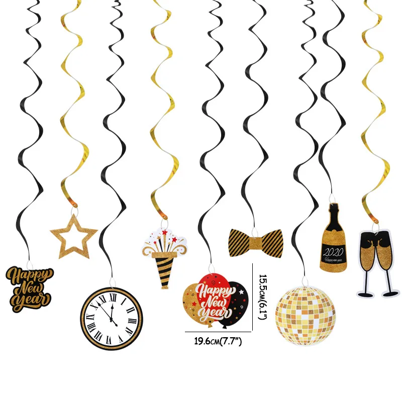 30 шт счастливый год Висячие декоративные завитки золотые черные металлические фольги потолочные спирали новогодние вечерние украшения - Цвет: 30pcs hanging Swirl