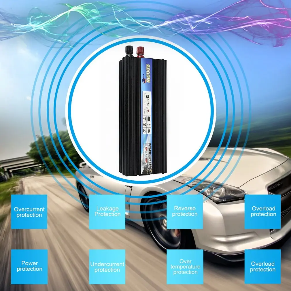 XUYUAN автомобильный инвертор DC 12 В AC 110 В 50 Гц автомобильный инвертор 2000 Вт преобразователь солнечной энергии инвертор с USB портом система охлаждения вентилятора