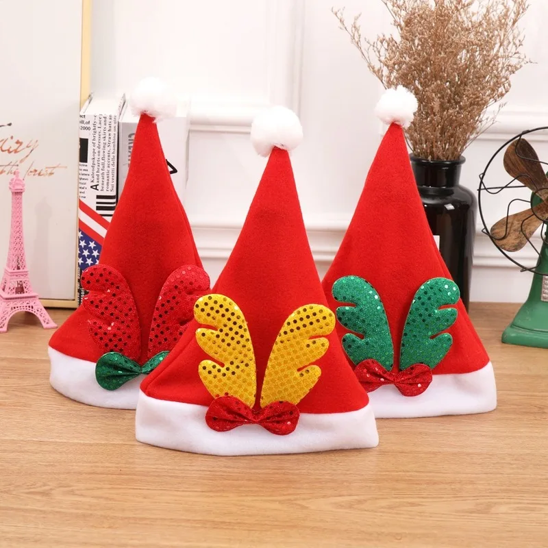 

Christmas Hat Antlers Sequins High-end Plush Hats Kid New Year Cap Xmas Party Adornment Cute Red Santa Claus Hat 2019 New
