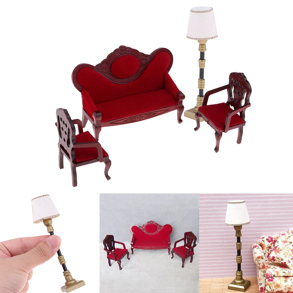 1/12 Dollhouse Miniature Furniture Sofa Couch Chair & Floor Lamp Light Decoration Accessories Model Toy