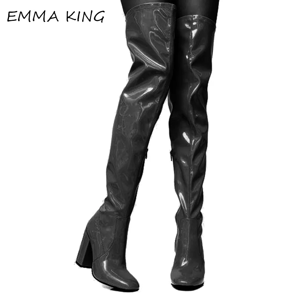 Emma king/пикантные ботфорты из искусственной лакированной кожи; женские непромокаемые сапоги на молнии с острым носком и не сужающимся книзу массивным каблуком