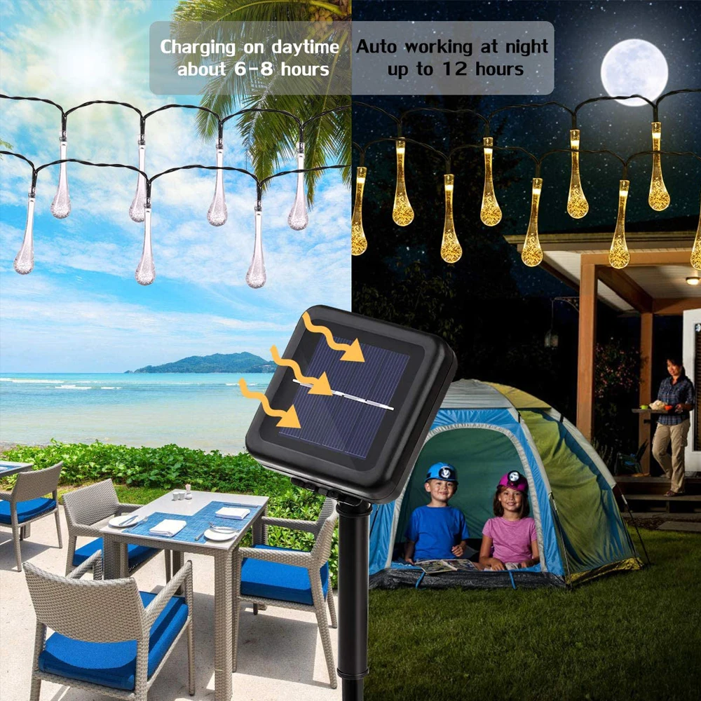 Udendørs Solar Raindrop String Lights 5-22M Vandtæt LED String Lights til Have Patio Yard Hjem Fest Feriedekoration