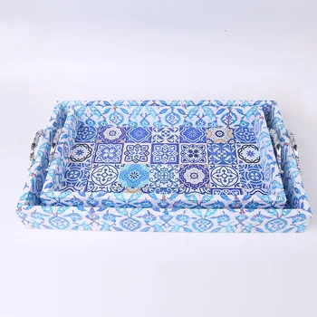 

Upscale Middle East Mullins Eid Tray Blue and white Pattern 2 piece set Tray Dessert Plate Jewelry Display Home Kitchen Decor