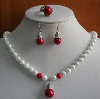 

free shipping silver Hot Jewelry 8mm12mm Tiger Eye yellow pink black Jade shell pearl Pendant Necklace Earring Ring Set