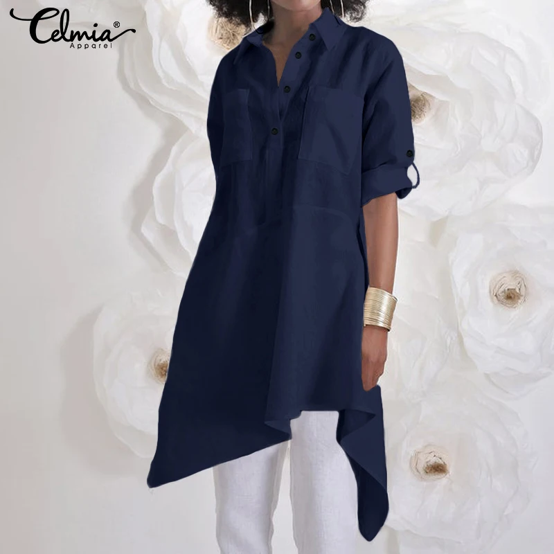 

Women Asymmetrical Tops Plus Size Solid Long Sleeve Lapel Solid Shirts 2019 Celmia Casual Loose Buttons Blouses Elegant Blusas