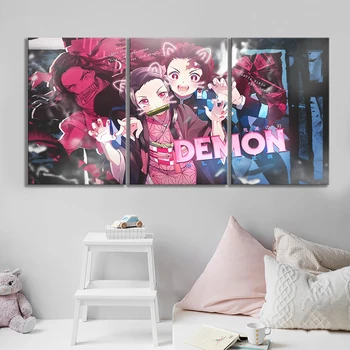 

Modular Prints Pictures Home Decor Paintings 3 Pcs Anime Boy and Girl Demon Slayer Kimetsu No Yaiba Comic Canvas Poster Wall Art