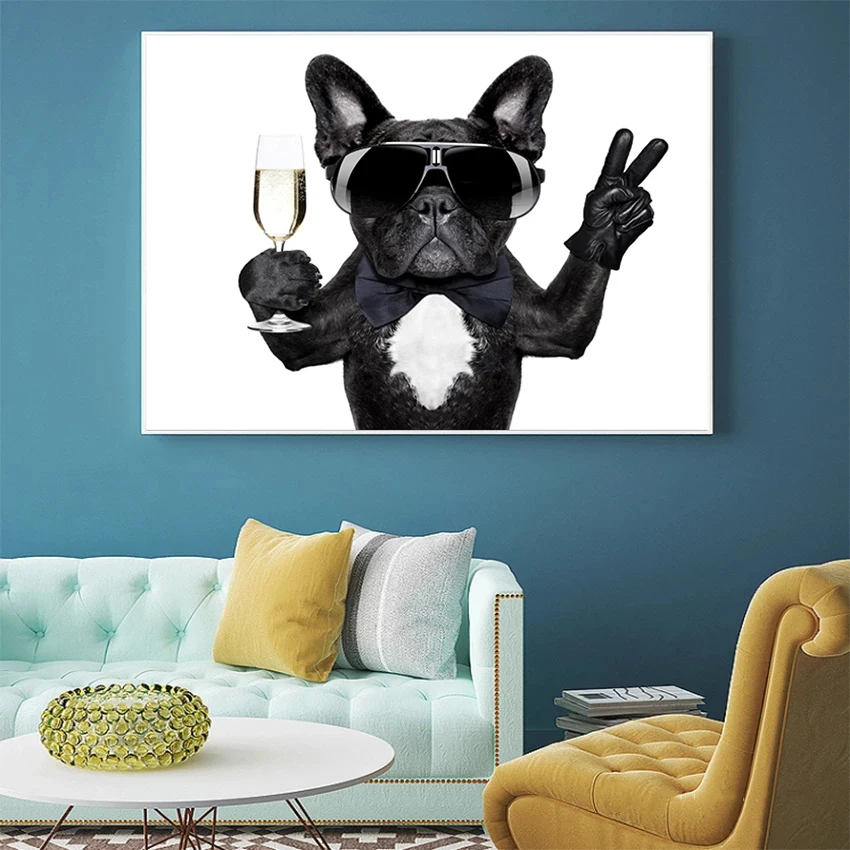 

Wall Art Canvas Painting Animals Poster Modern A bulldog Drinking With Sunglasses Home Decoration Pictures For Siting Room