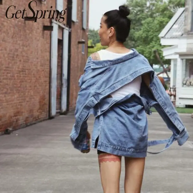 

GETSPRING Women Coat Bandage Hollow Out Irregular Denim Coats Jackets Women Backless Irregular Long Denim Coats 2019 New Autumn