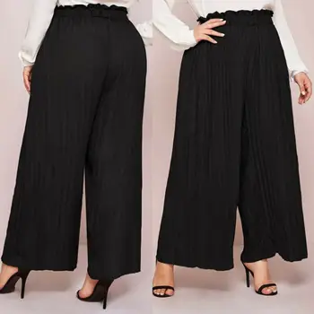 

Casual Womens Pure High Waist Pleated Pants Wide Leg Palazzo Solid Elastic Waist Trouser Plus Size XL-4XL
