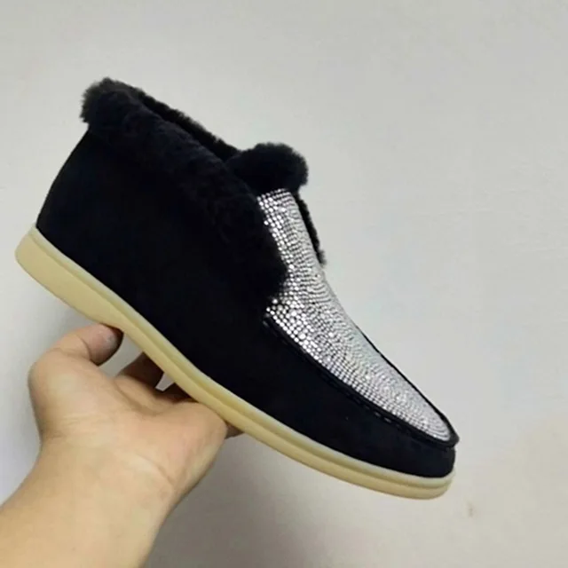 black crystal Лидер продаж; теплые зимние ботинки с высоким берцем; мужская повседневная обувь на плоской нескользящей подошве с натуральным мехом; плюшевые зимние ботинки без застежки; Мужская замшевая обувь для подиума - Цвет: black crystal