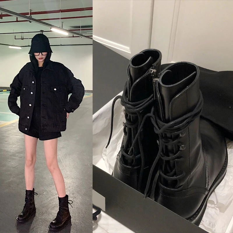 Thick Heels Martin Boots Woman Back Lace-up Motorcycle Botines Round Toe Black Knight Botas Mid-calf Solid Leather Ladies Shoes