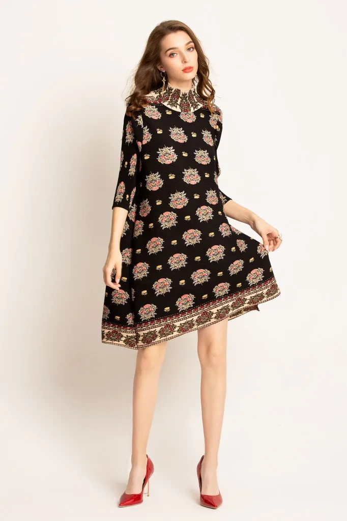 High neck print dress middle sleeve digital flower print loose dresses
