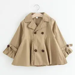 Милая плиссированная куртка-Тренч с двойной грудью для маленьких девочек; яркие цвета хаки; сезон весна-осень; модная верхняя одежда в