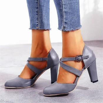 

2019 autumn new high heels women fashion simple solid color round head comfortable thick heel casual high heels