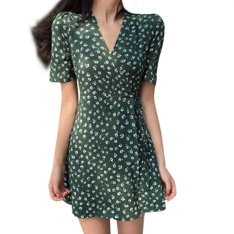 2020 Women Short Sleeve Floral V-Neck Cross Wrap Flared A-Line Mini Dress with Belt Printed Loose Beach Green Sundress | Женская одежда