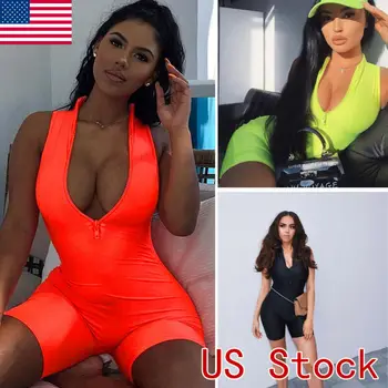 

Polychromatic Jumpsuit Party Zipper Solid Trousers Sleeveless V-Neck Women Romper Bodycon Playsuit Clubwear