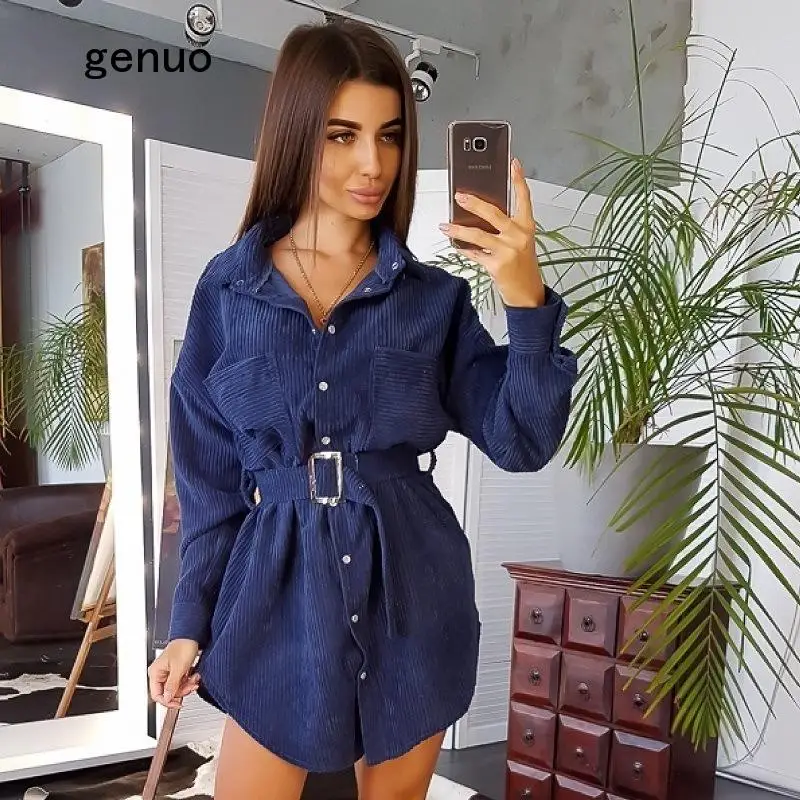 

Women Belt Fashion Winter Dress Ladies Long Sleeve Turn Down Collar New Sexy Autumn Solid Elegant 2020 Slim Party Dress Vintage