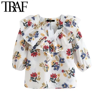 

TRAF Women Sweet Fashion Floral Print Ruffled Blouses Vintage V Neck Three Quarter Sleeve Female Shirts Blusa Chic Tops