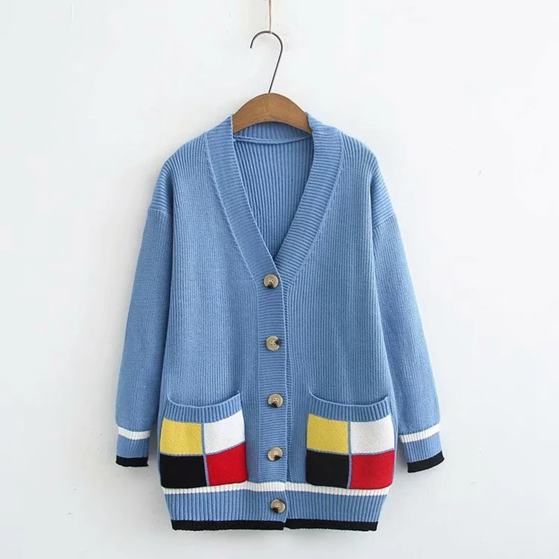 

Plus Size V neck cardigans single breasted Contrast color pocket 2019 new women Sweater loose casual KKFY3953