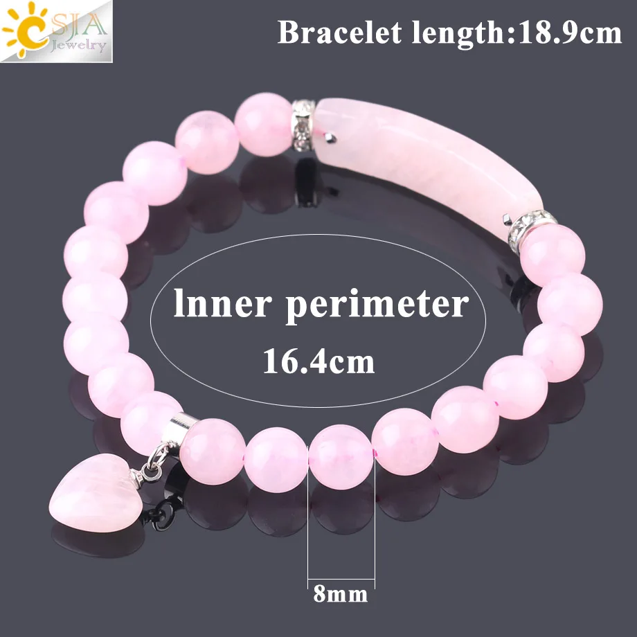 Natural Stone Crystal Bracelets Rose Pink Quartz Love Heart Charms Bangle for Girl Lover