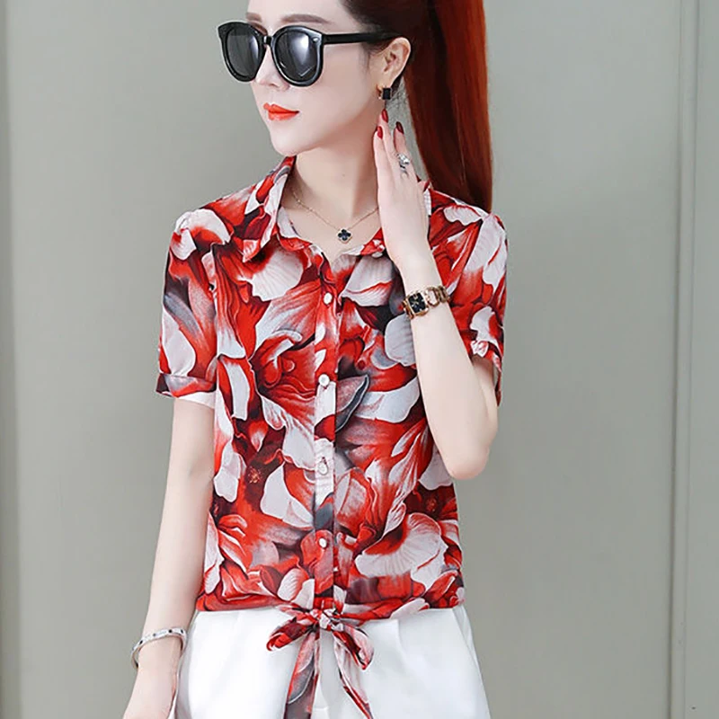 

Женская шифоновая блуза с отложным воротником, коротким рукавом и цветочным принтом