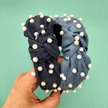 Модный джинсовый топ с искусственным жемчугом, повязка на волосы с крестиком для женщин и девочек, повязка на голову с короной, аксессуары для волос, F0867