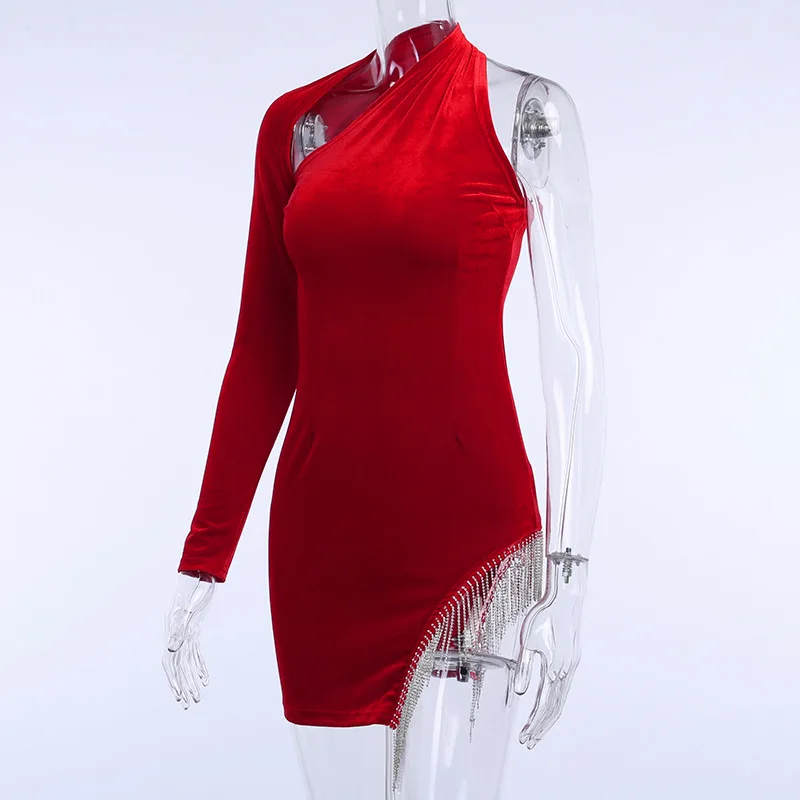 Sexy One Shoulder Rhinestone Tassel Irregular Mini Dress Push Up Backless Hollow Out Slim Halter Solid Vestidos Dress For Women