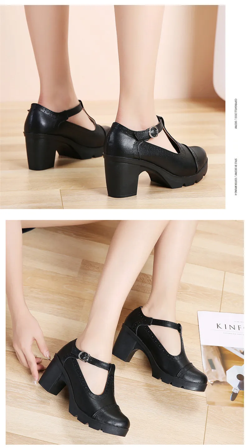 Size 34-43 Pumps Women's Shoes Buckle T-Strap Leather Oxfords Shoes Mary Jane Retro Mid-Heel Ladies Platform Single Pumps Shoes (12)