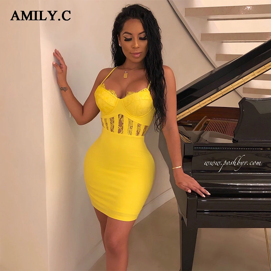 

Amily.c Sexy Halter Mini Dress Yellow Lace Thin Shoulder Strap V-neck Bandage Dress Elegant Party Tight Fashion Party Dress