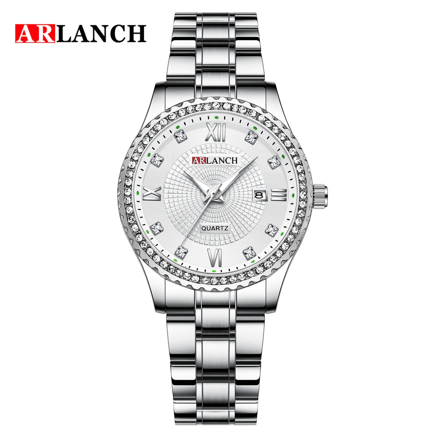 ARLANCH New Style Romantic Diamond Luxury Women's Wristwatches Week Calendar Stainless Steel Waterproof Students Quartz Watches - Цвет: Silver-White