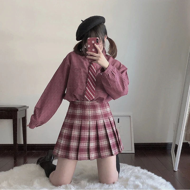 Японский Для женщин сладкие JK форма клетчатая блузка в стиле «Mori Girl» и молодая девушка, студентка Рождество год ретро свободная рубашка, Топ в стиле "преппи"